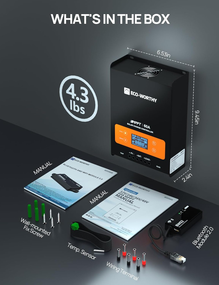 60A MPPT Solar Charge Controller Bluetooth, 12/24/36/48V Solar Panel Regulator f