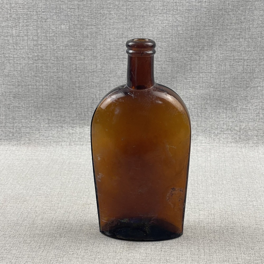 Amber Strap Side Whiskey Flask "194" Embossed Base