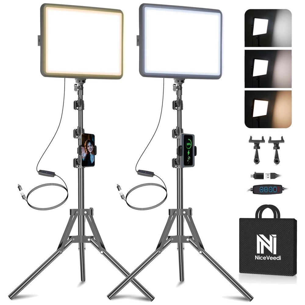 2-Pack Dimmable Photography Lights with Tripod Holder & USB Connectivity