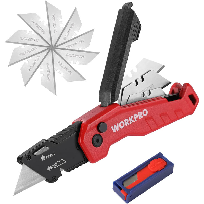 WORKPRO Folding Utility Knife Quick Change Box Cutter 13 Extra Blades Included