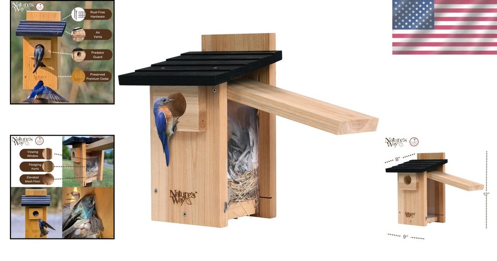 Cedar Bluebird House with Viewing Window & Predator Guard - 12" Tall