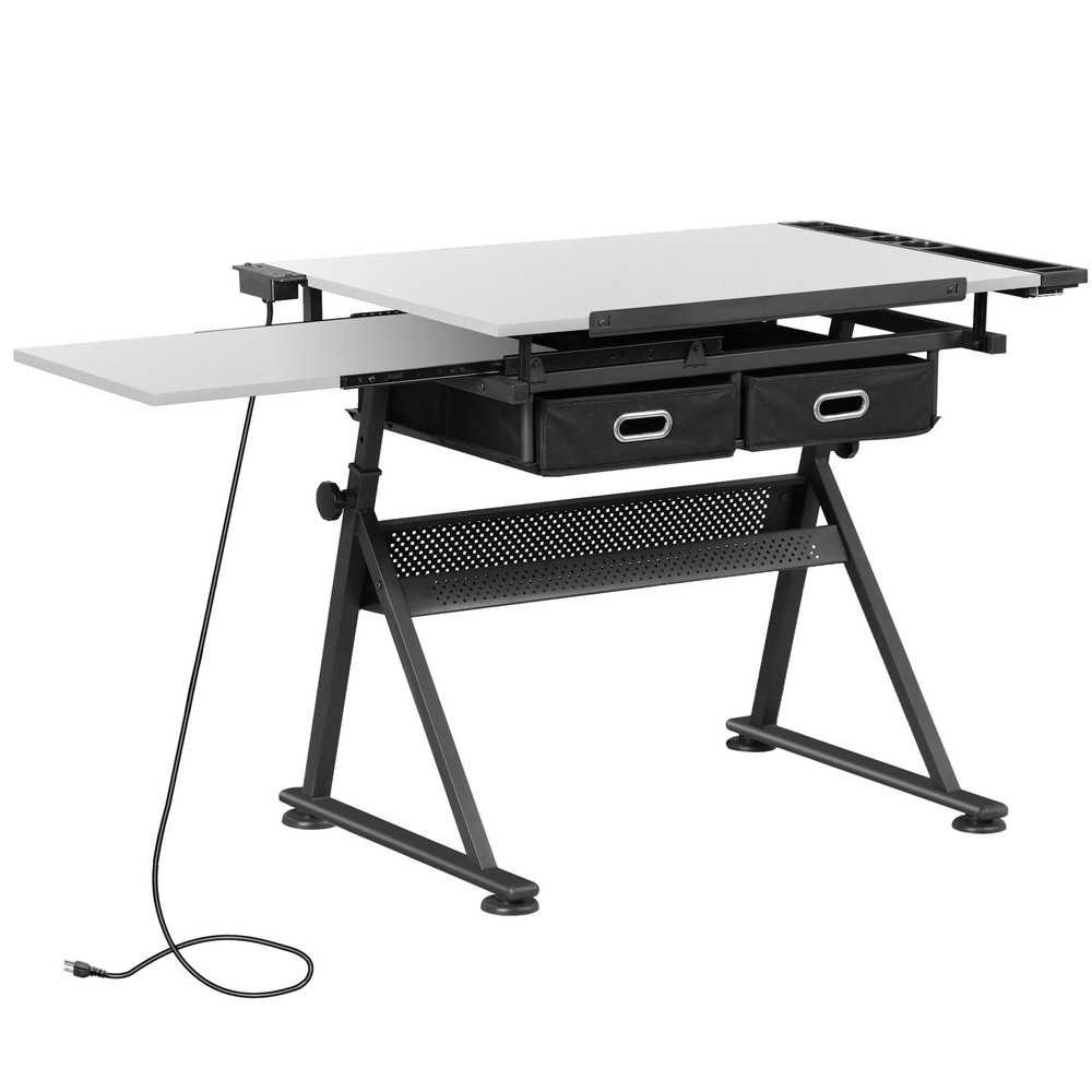 Adjustable Drafting Table Tilting Drawing Desk w/Charging Station & Stool White