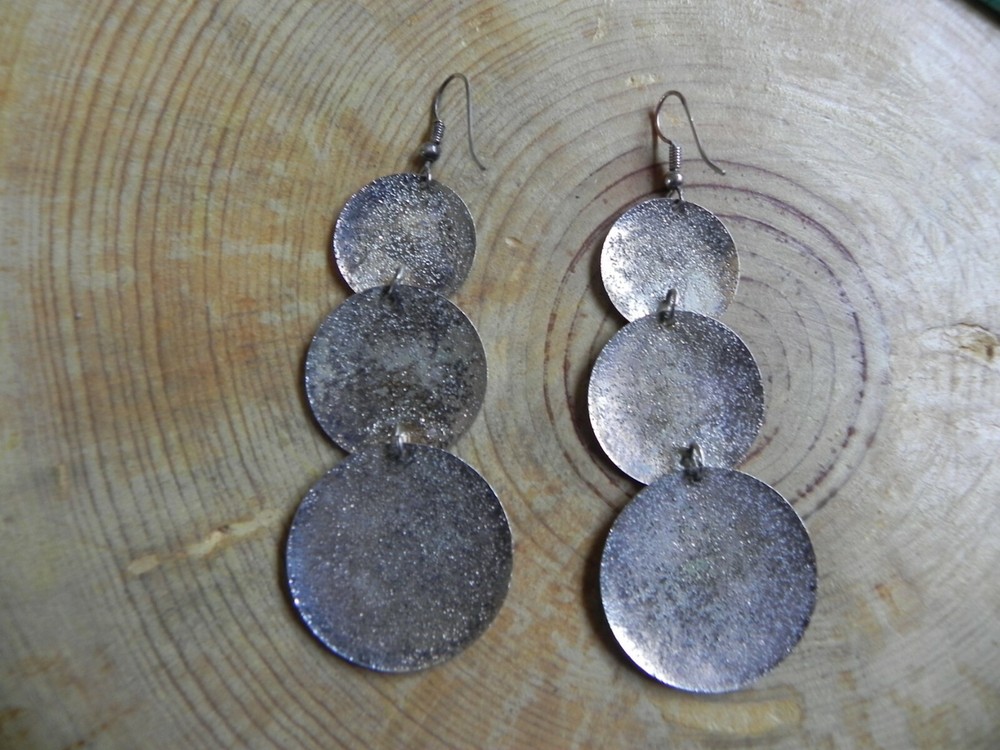 Textured 3 Round Disc Silver Dangle Earrings