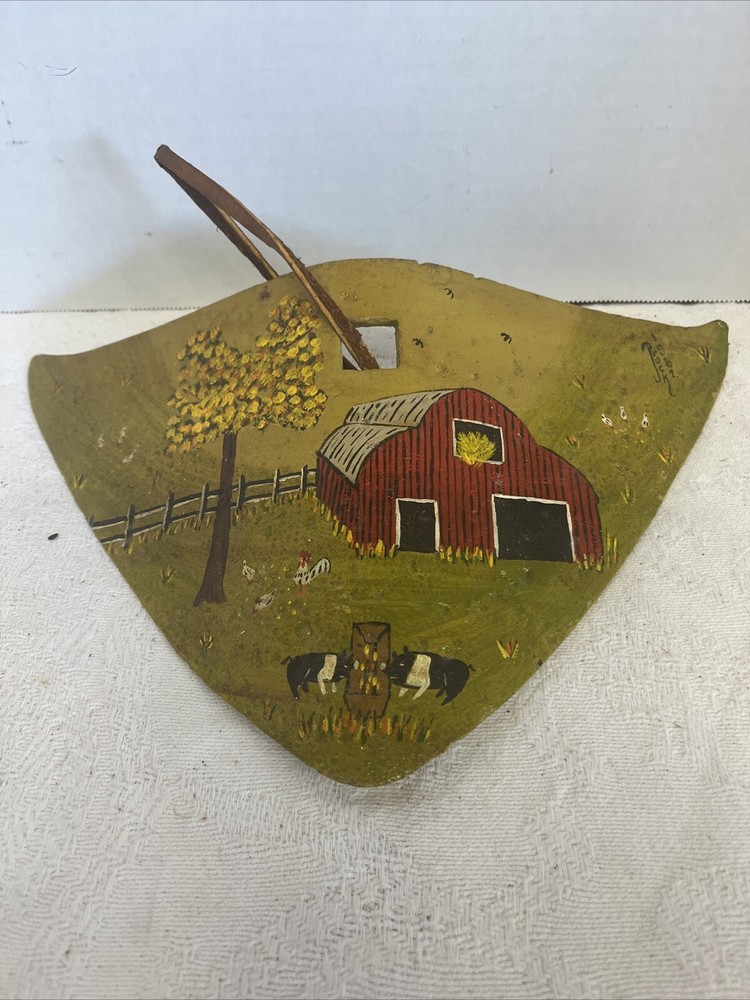 Vtg Hand Painted Plow Blade Red Barn Scene Signed