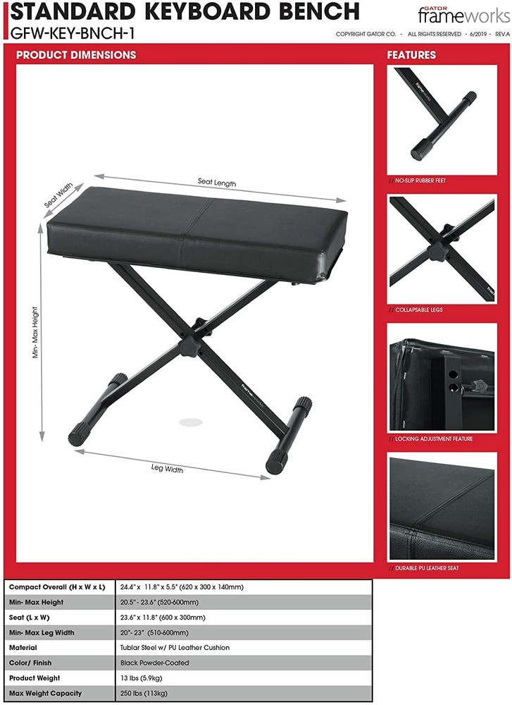 Gator Frameworks Adjustable X-Frame Style Keyboard Bench; (GFW-KEY-BNCH-1)