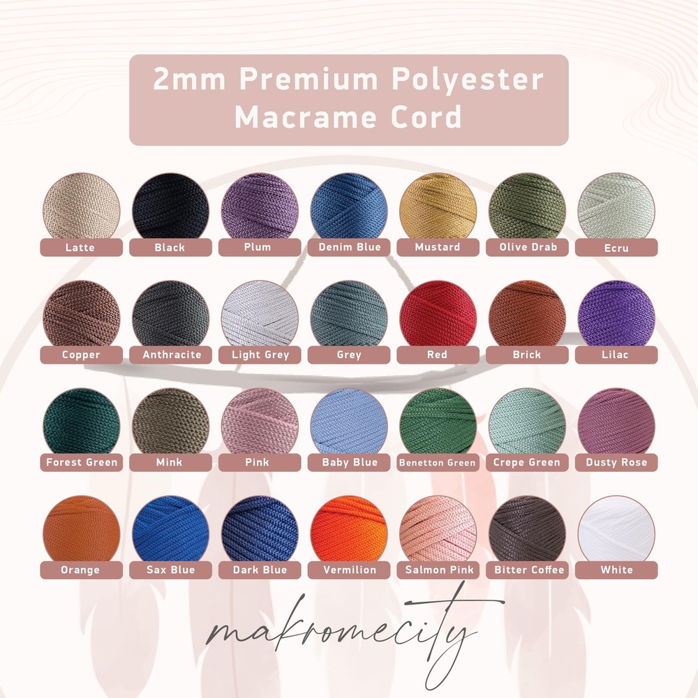 , Polyester Macrame Cord 2mm x 125 Yards 375 feet 2mm Polypropylene Macrame C...