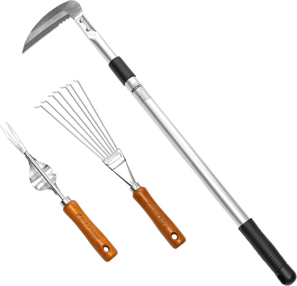 Japanese Garden Weeding Tools Set (Telescoping Long Handle Sickle, Root Puller,