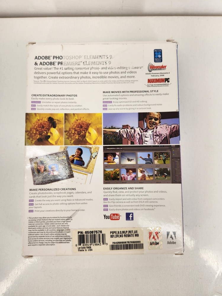 Adobe Photoshop Elements 9 & Adobe Premiere Elements 9 Complete In Box + Serial#