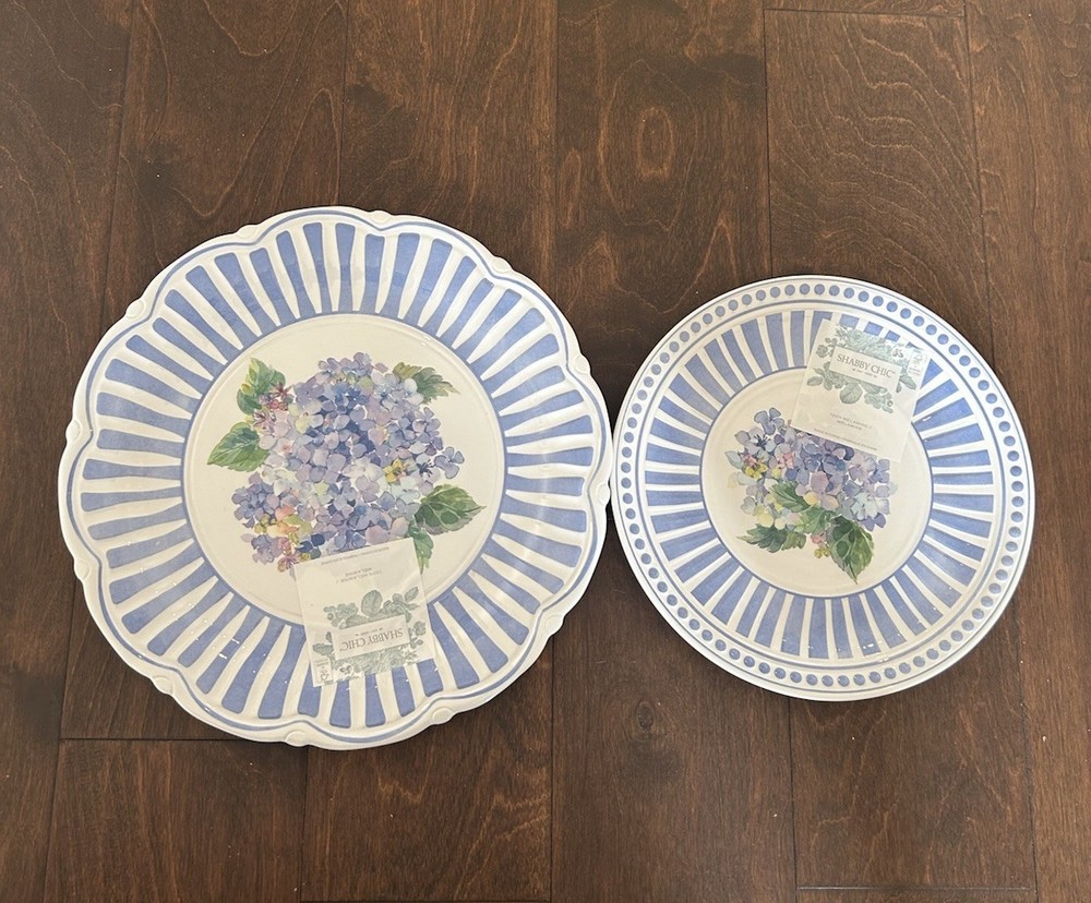 Shabby Chic 8 Pc Melamine Dinnerware Set Hydrangeas Striped Floral New