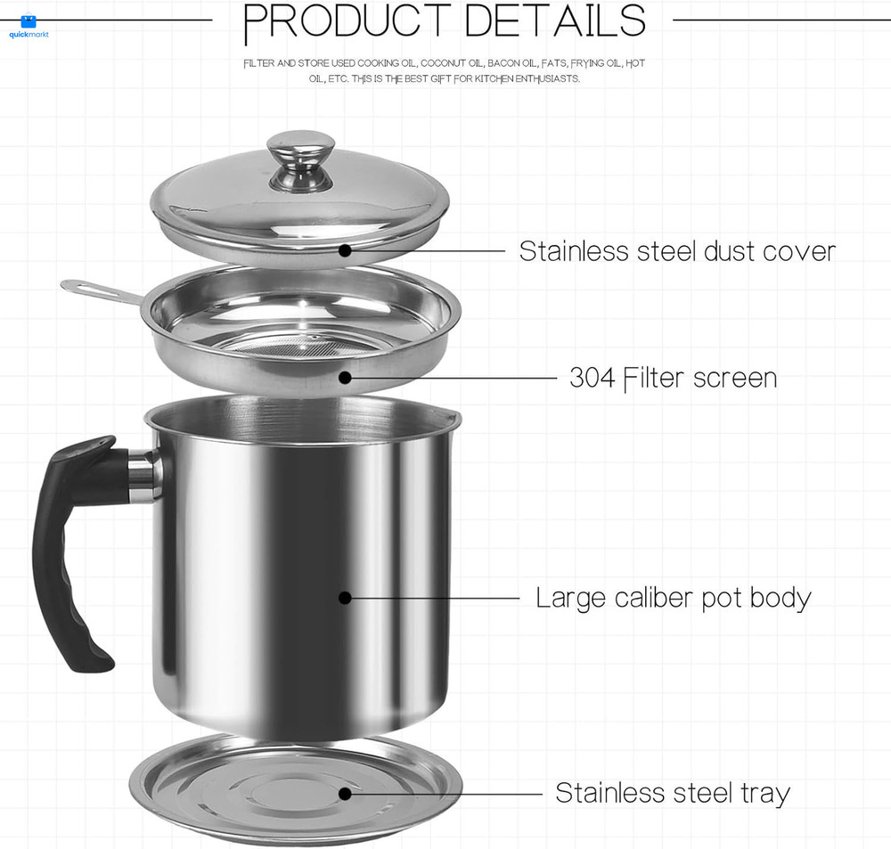 Bacon Grease Container With Strainer,1.3L(46 fl. oz.) Kitchen 1.3L, Silver