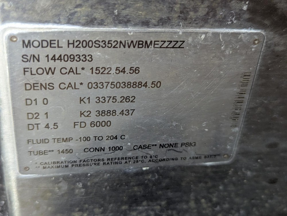 Micro Motion H20S352NWBMEZZZZ 2" Mass flow sensor