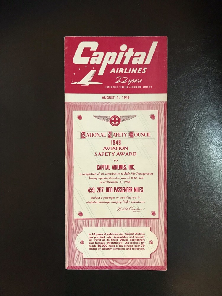 Capital Airlines System Timetable,  August 1, 1949