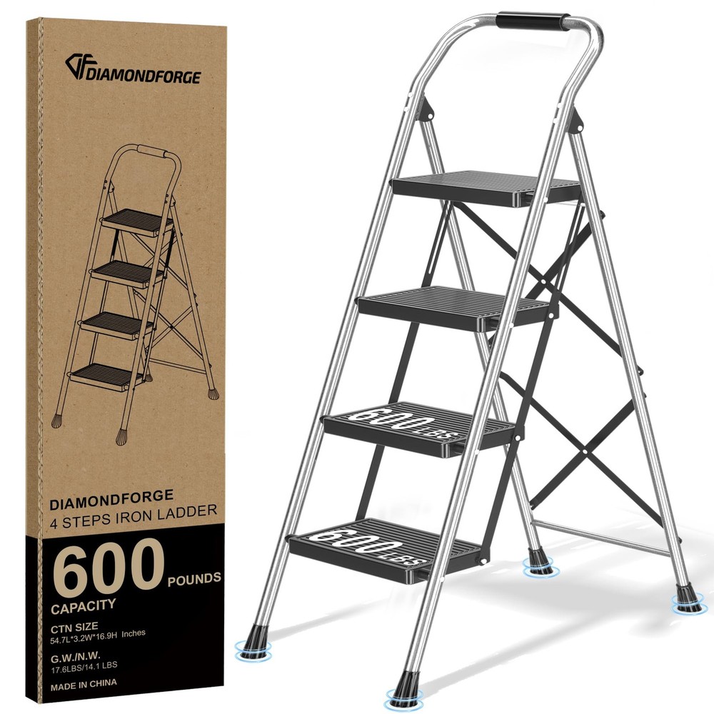 Step Ladder Foldable Folding Stool - for Home Adults 4 Step, Grey Black