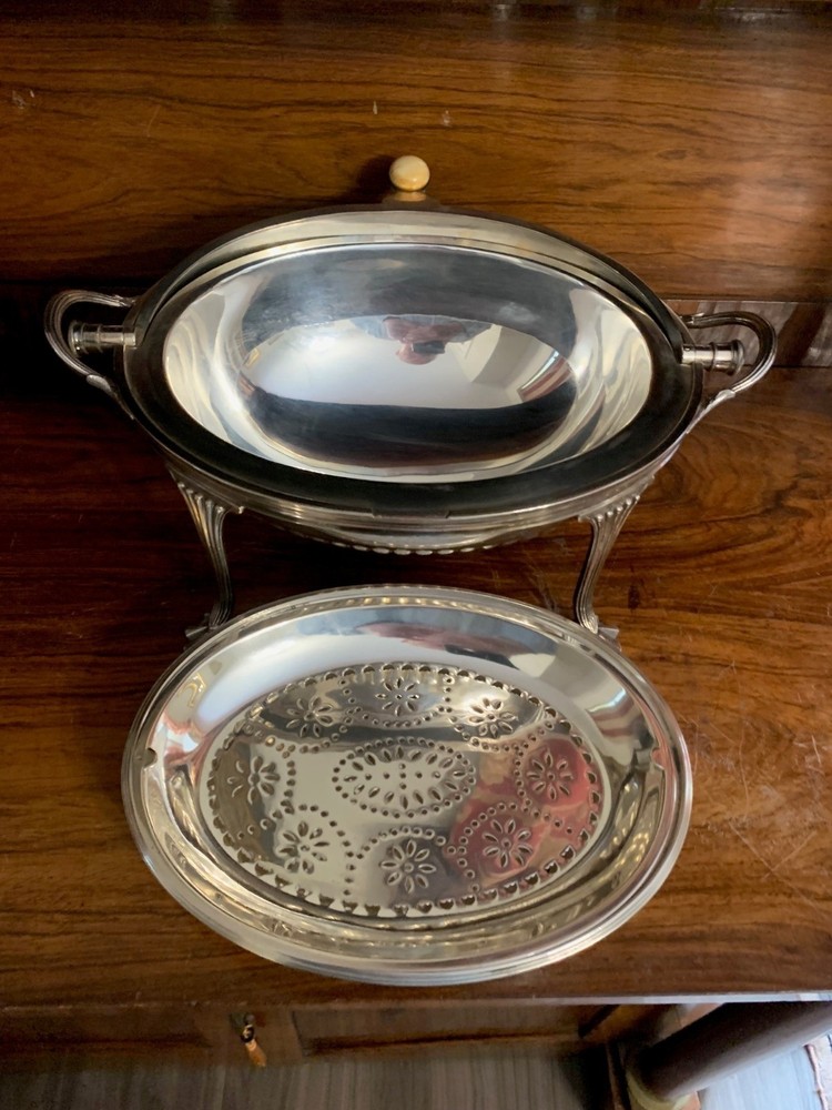 Antique Victorian Roll-Over Serving Dish, Silver Plate, Dome Top Tureen, Server