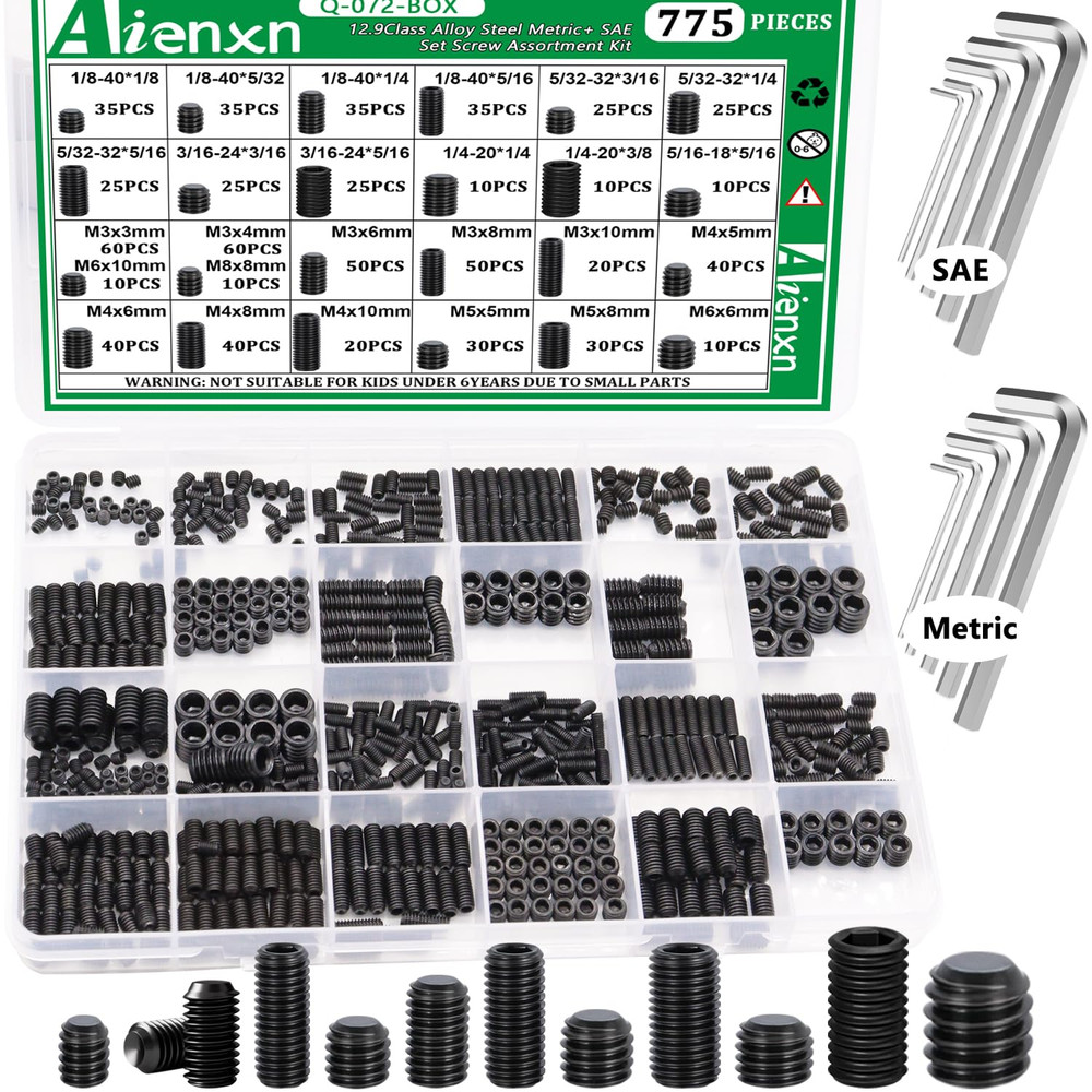 775PCS Metric +SAE Set Screw Assortment Kit Hex Socket Head Cup Point Set Sc