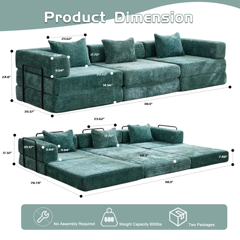 Convertible Floor Sofa Bed w/ Fixed Frame, Chenille Fabric, Dark Green
