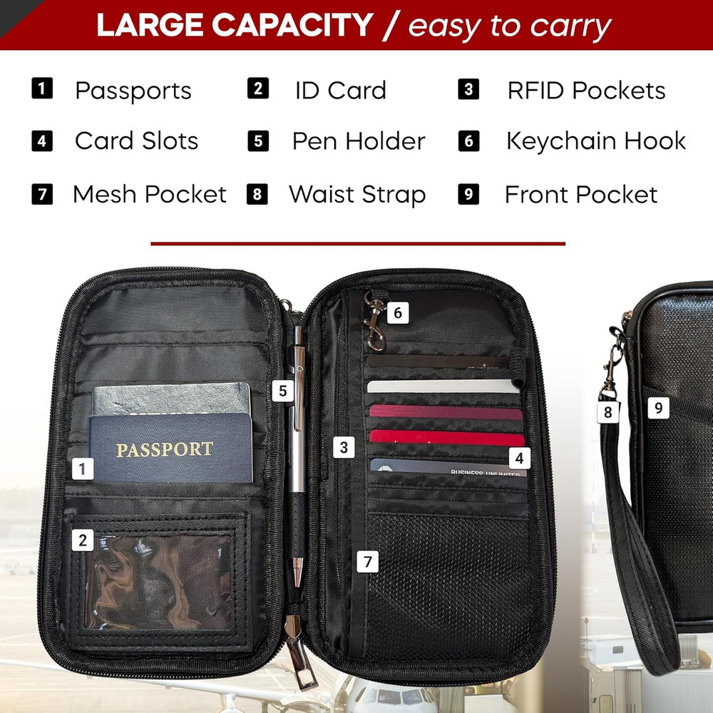 Fireproof Travel RFID Blocking Passport Holder Wallet Multi-Functional Organizer
