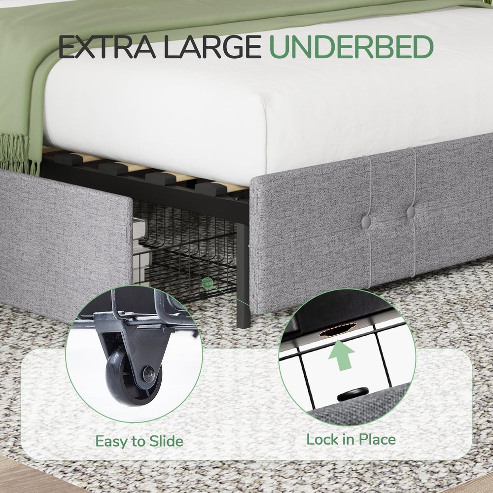 Queen Size Bed Frame Platform with 4 Storage Drawers and Fabric Upholstered H...