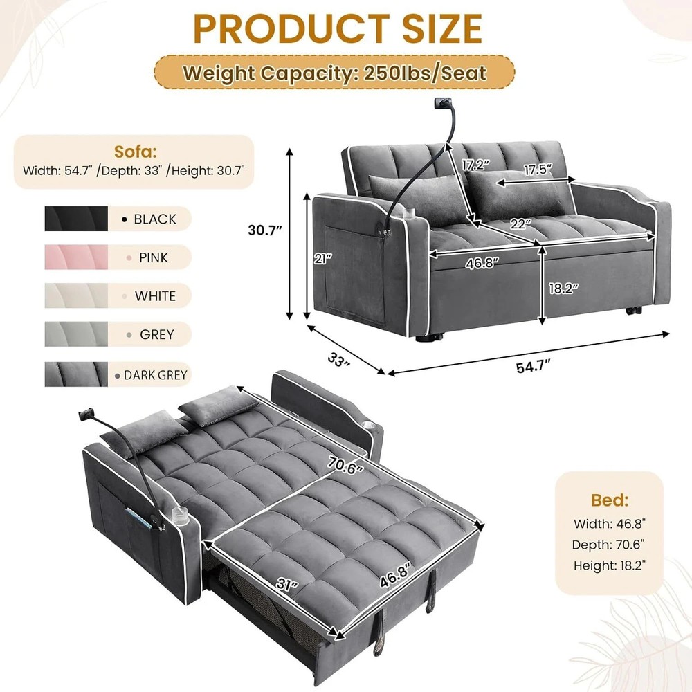 Convertible Sofa Bed Sleeper Couch Pull Out Bed with Cup Holder & USB Interface