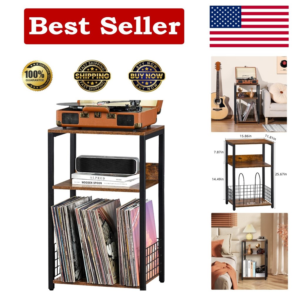 Versatile Brown End Table & Record Player Stand – Storage for 100 Albums