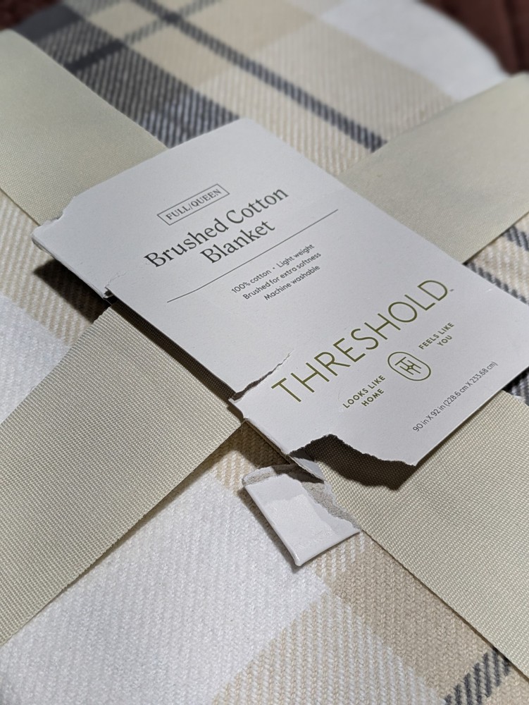 Full/Queen Brushed Cotton Blanket Neutral Plaid - Threshold