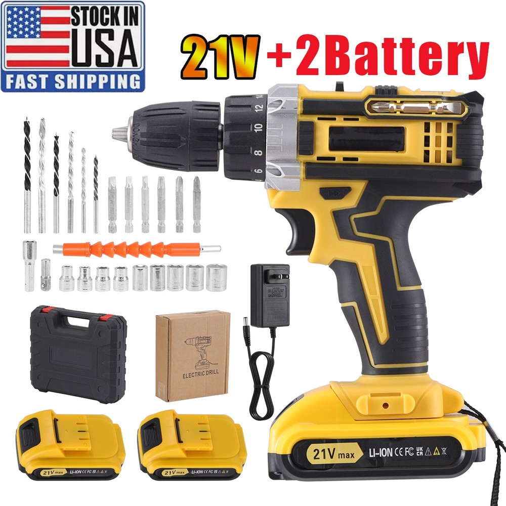 21V Cordless Drill Driver Set  2-Speed Hammer Drill with 2 Battery