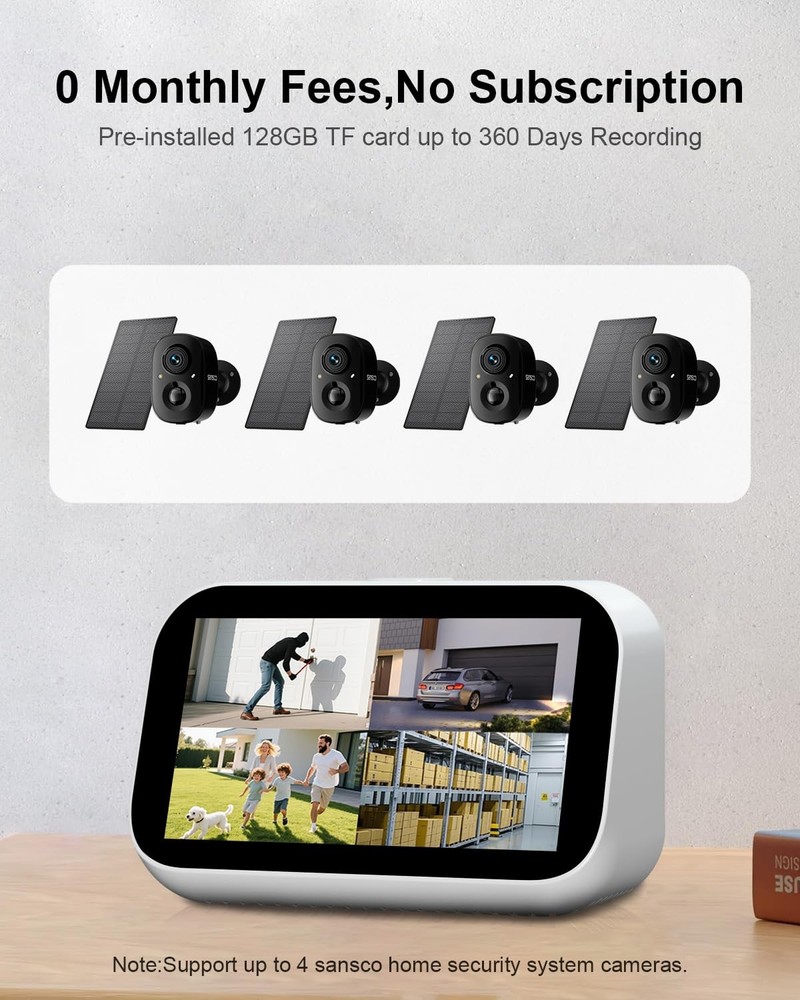 4CH 2K Wireless Security Cameras System with Touch Screen, 4X Solar-Powered 4...