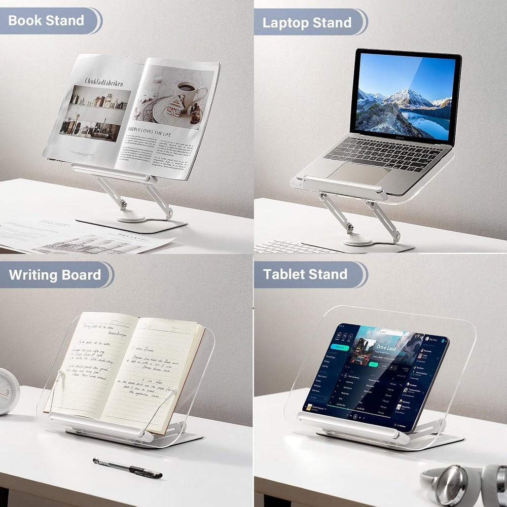 Acrylic Book Stand Reading Adjustable Book Holder W/ 360° Rotating Base &