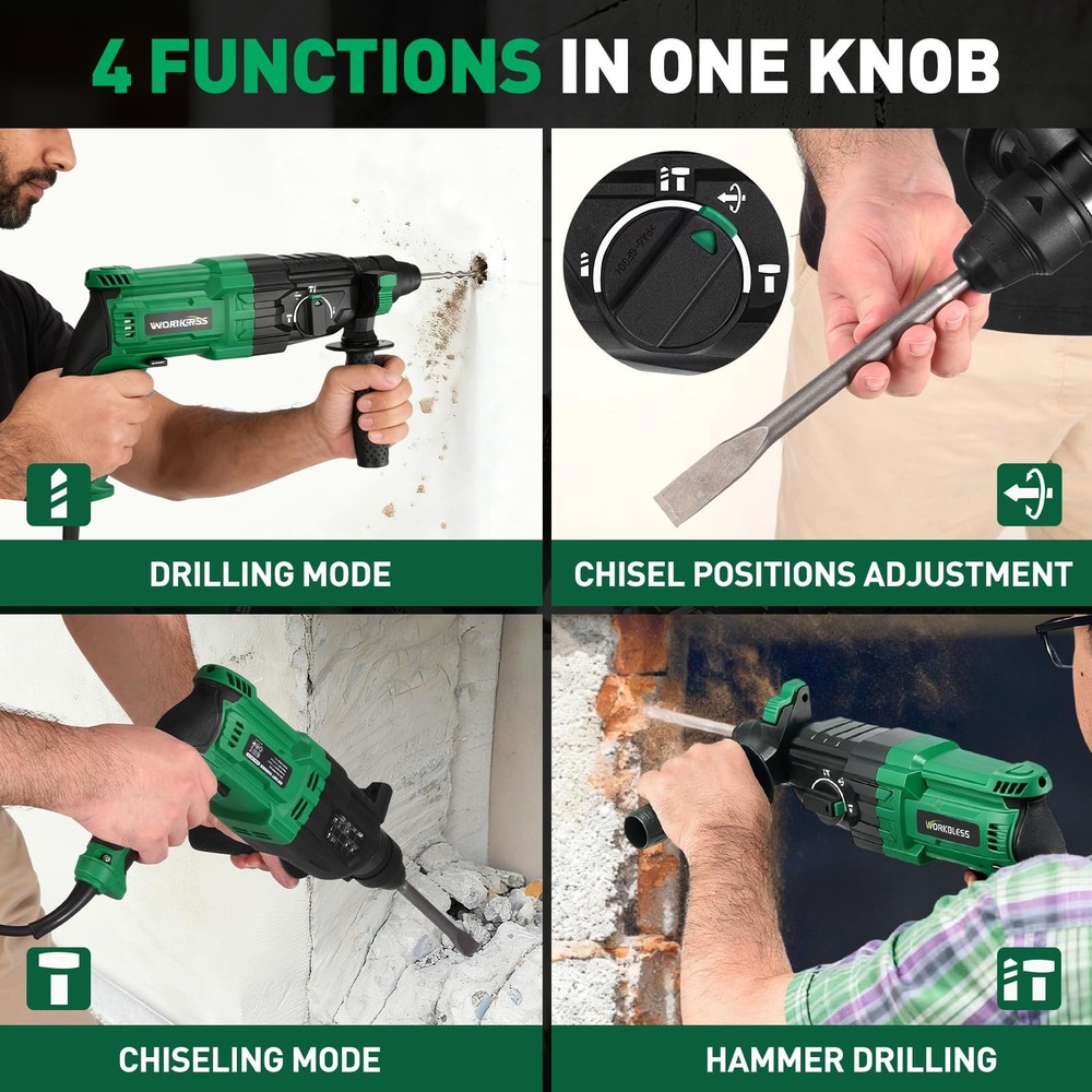 1 Inch SDS-Plus Rotary Hammer Drill, 8Amp, 3.0J 4 Functions Variable Speed Ha...