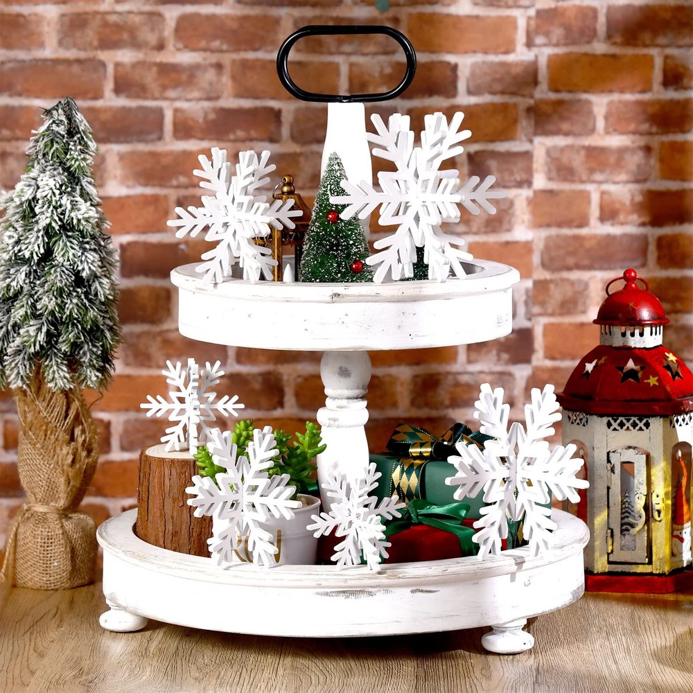 Bucherry 12 Pcs Wooden Snowflake Table Decor 3D Tabletop White