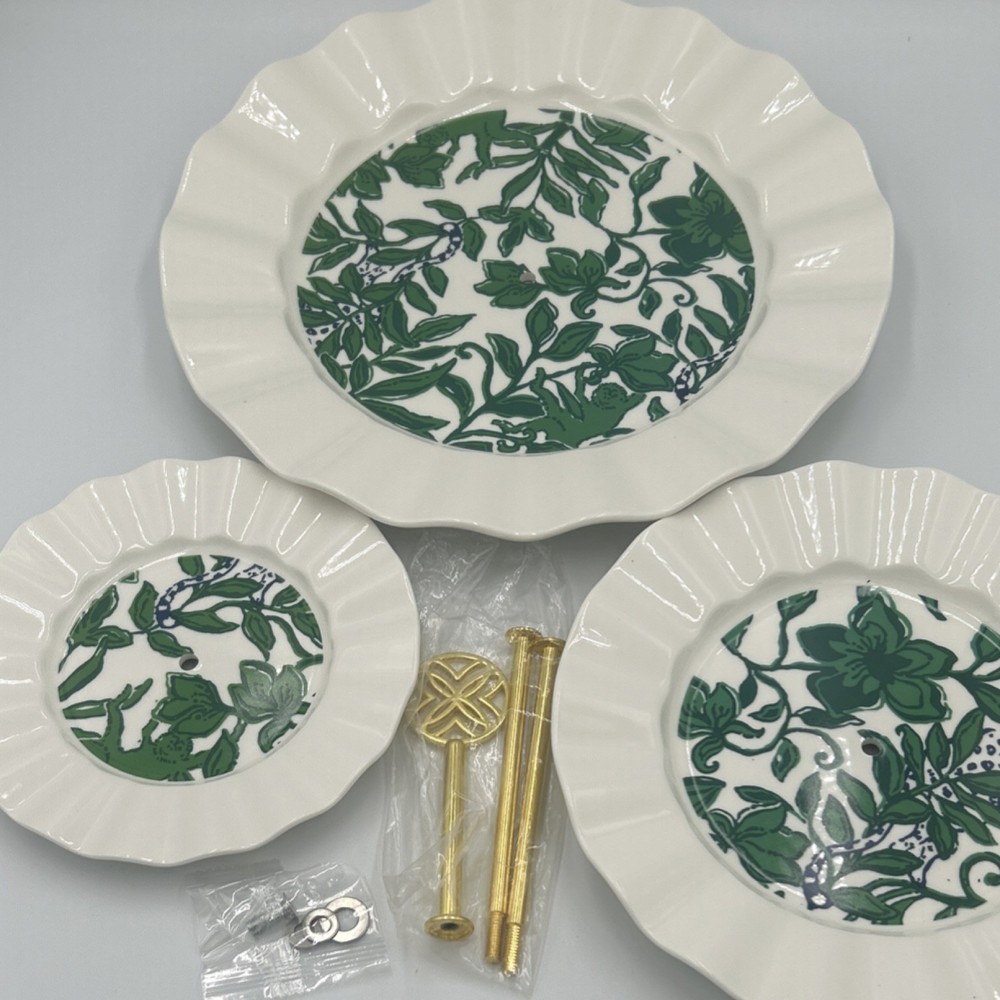 Lilly Pulitzer Three-Tier Ceramic Cake Stand, Green Pattern, Gold Handle, Round