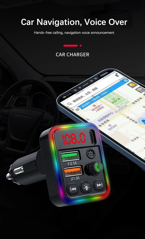 Car Wireless Bluetooth 5.3 FM Transmitter MP3 Player USB Fast Charger Adapter