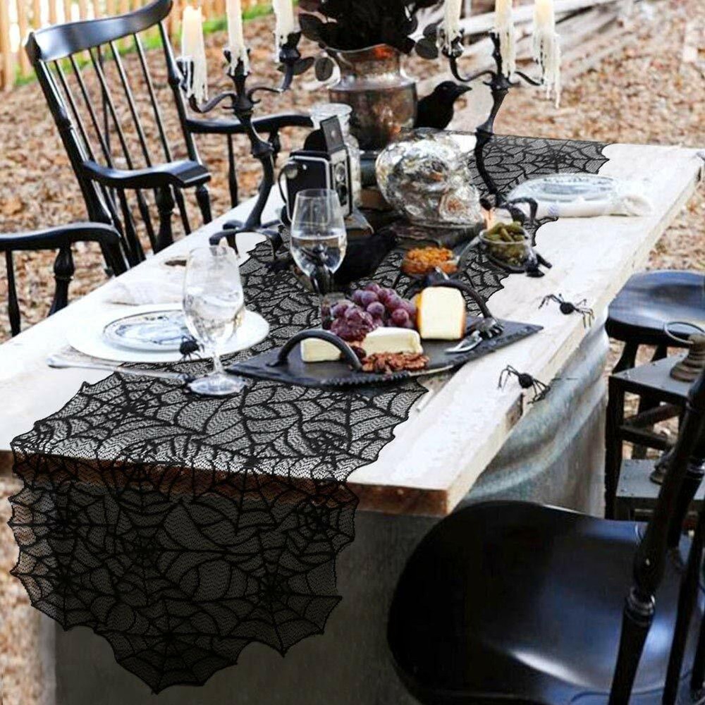 Black Lace Spider Web Table Runner 20?€?x80" Scalloped Gothic Drape HALLOWEEN