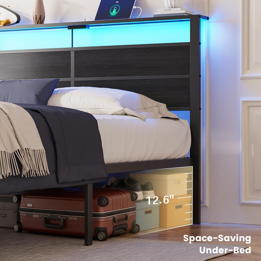 Queen Size Bed Frame with LED Lights, USB Type C Charging Headboard, Black Me...