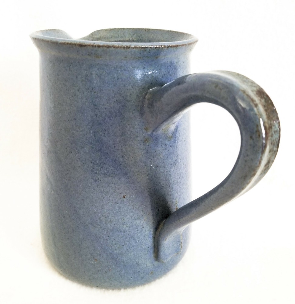 Pottery Pitcher 7" Blue Clay Pitcher Hand Made Pitcher Large Handle Signed