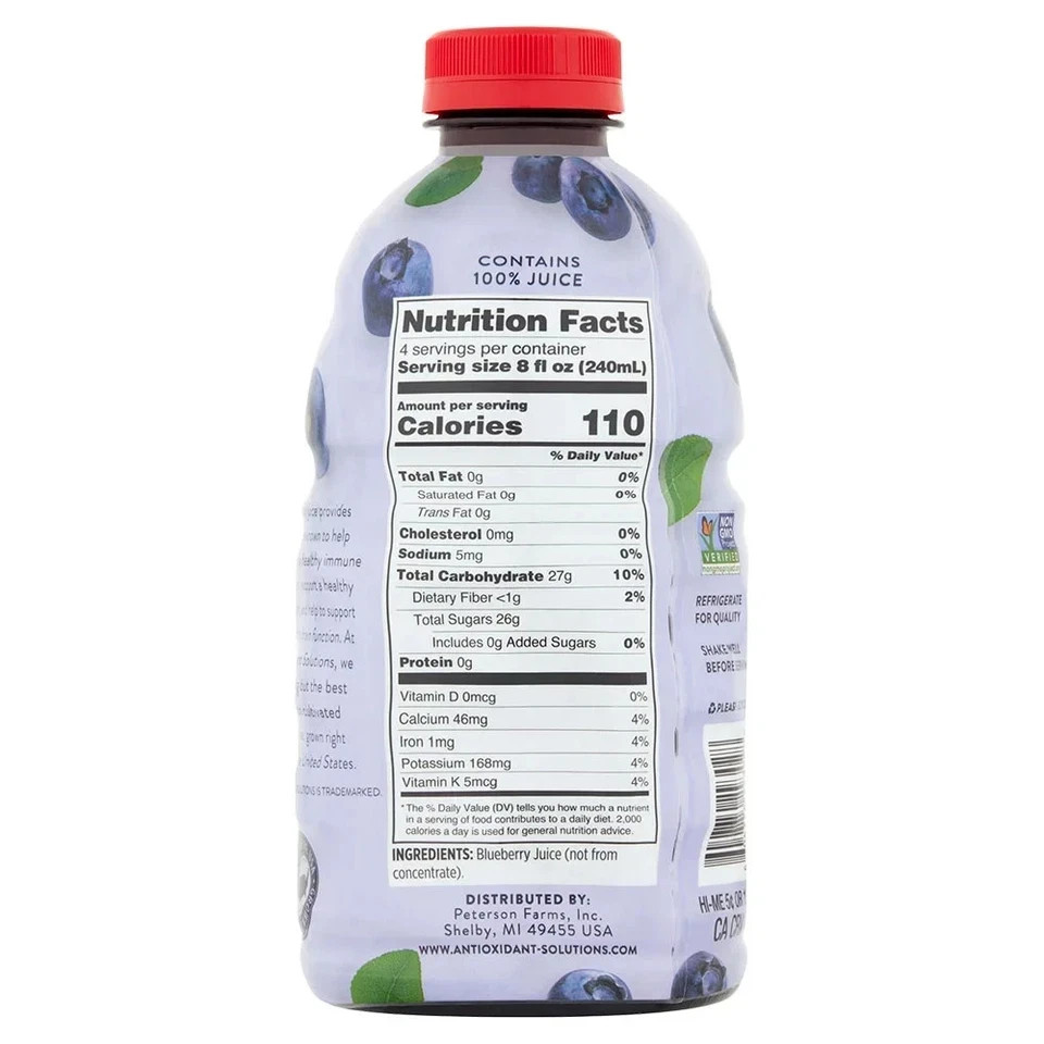 Antioxidant Solutions 100% Blueberry Juice Not from Concentrate, 32 fl oz
