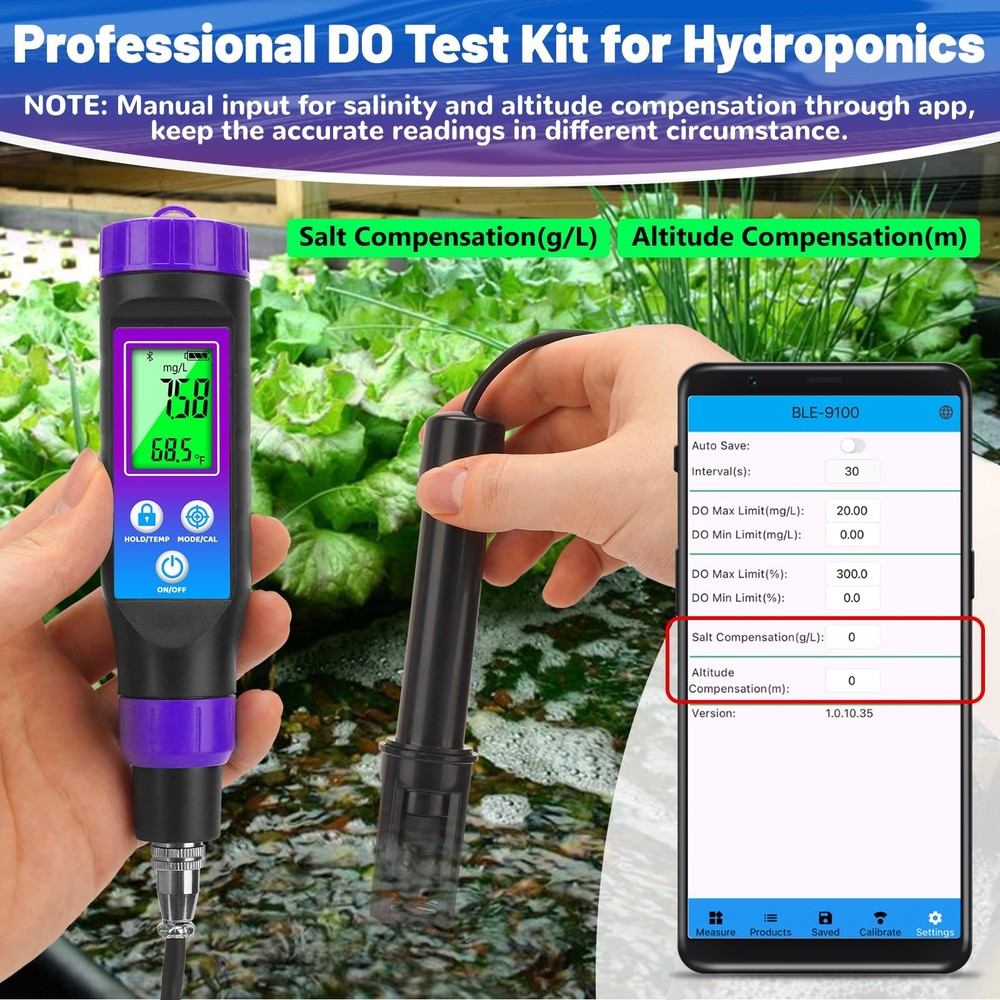 Smart Dissolved Oxygen Meter with 3.6ft Probe Cable, Portable DO Meter with E...