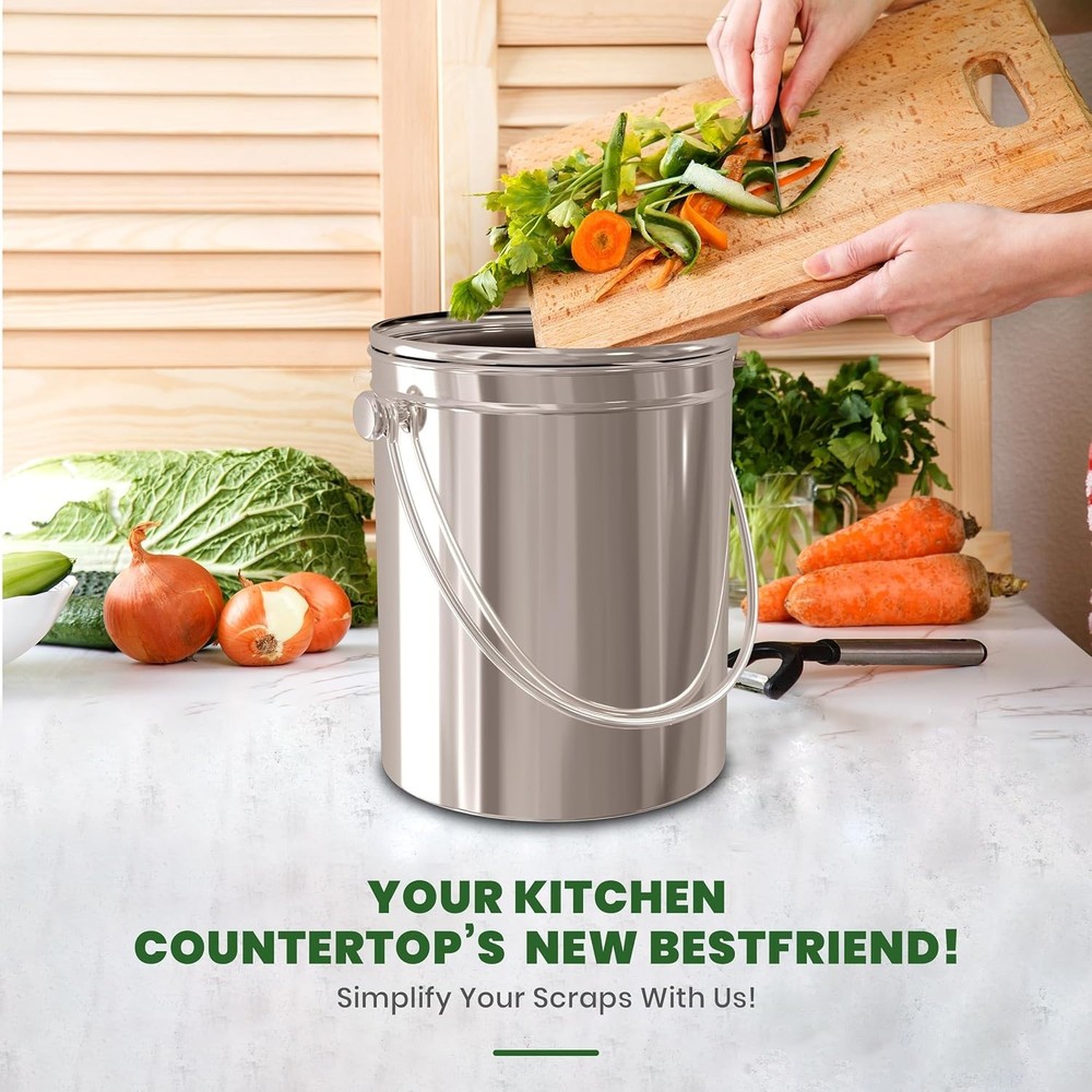 Utopia Kitchen Indoor Compost Bin Kitchen, Odorless Composting, 1.3 Gallon SS