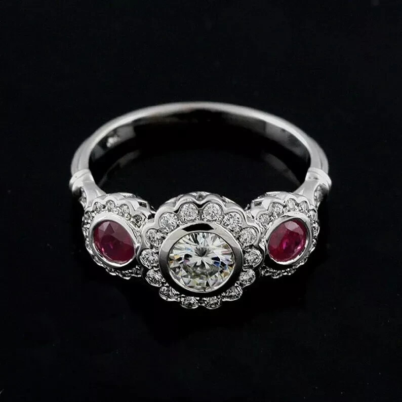 2Ct Art Deco Style Lab Created Diamond & Ruby Engagement 14K White Gold FN Ring