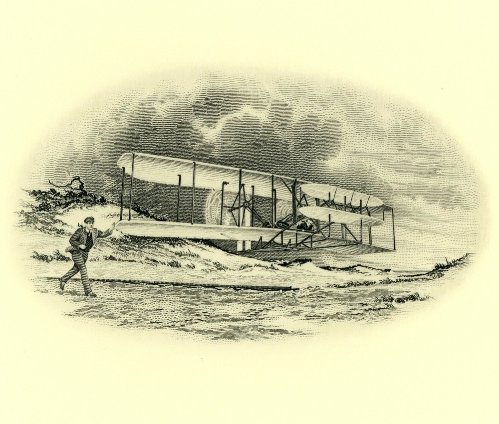 First Flight of Wright Plane Intaglio Vignette Gravure Engraved Image