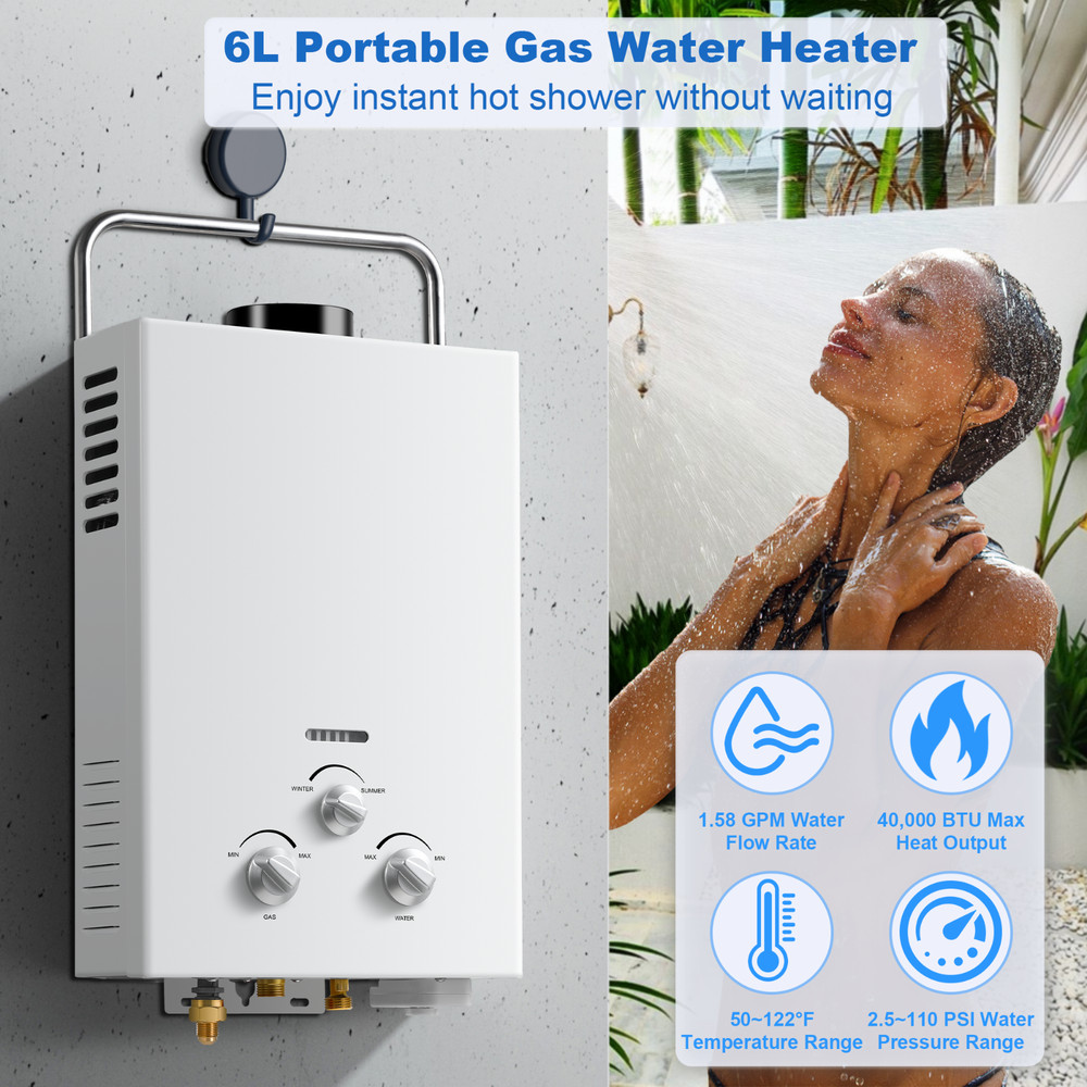 Tankless Water Heater-6L 1.58 GPM Portable Gas Water Heater with Handle,Outdoor