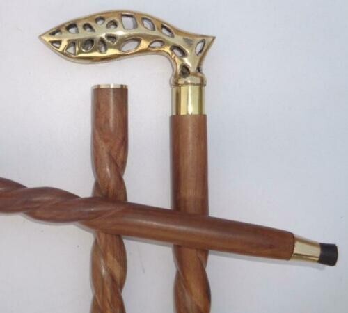Three Foldable Spiral Cane Solid Designer Brass Head Handle Wooden Walking Stick