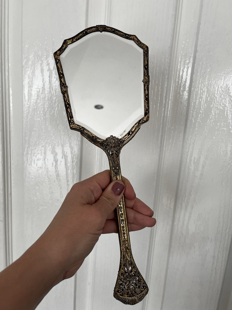 Vintage Embroidered Scroll Work Hand Held Vanity Mirror & Brush Set Gold Tone