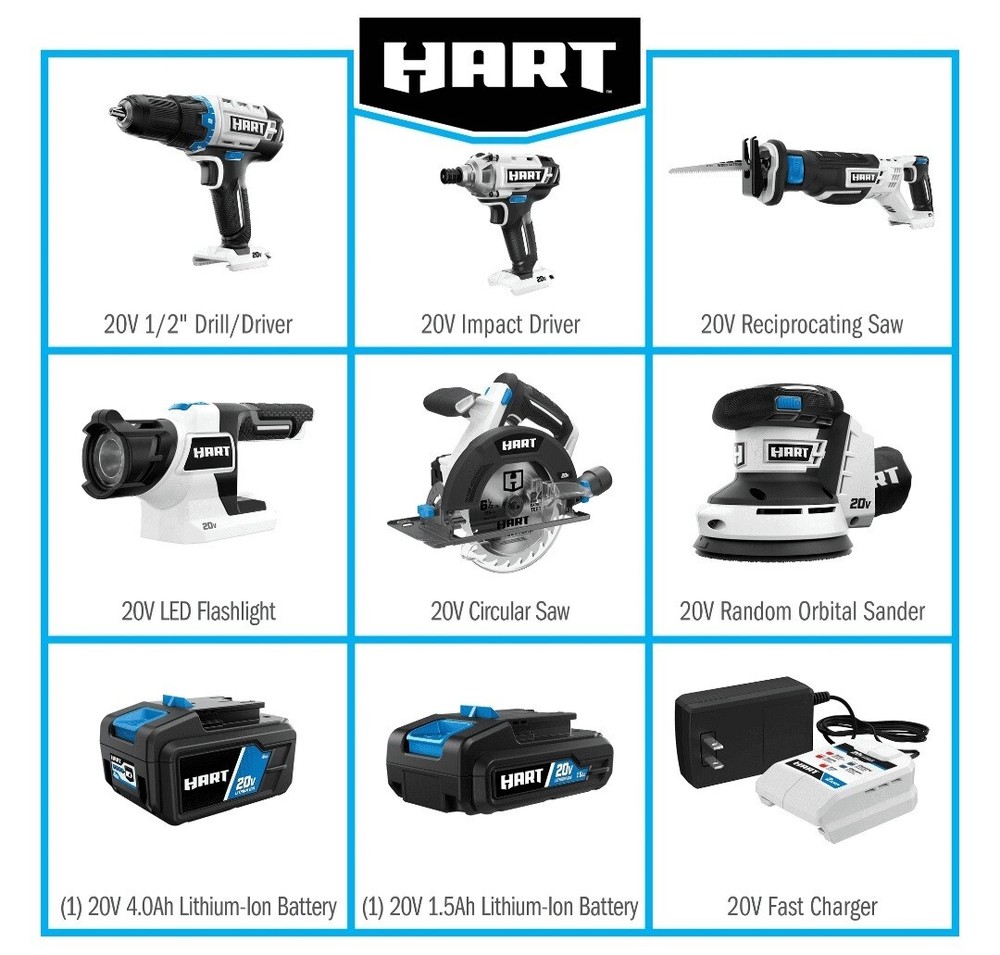 HART 20-Volt 6-Tool Combo Kit w/ 2 Batteries - Drivers, Saws, Flashlight, Sander