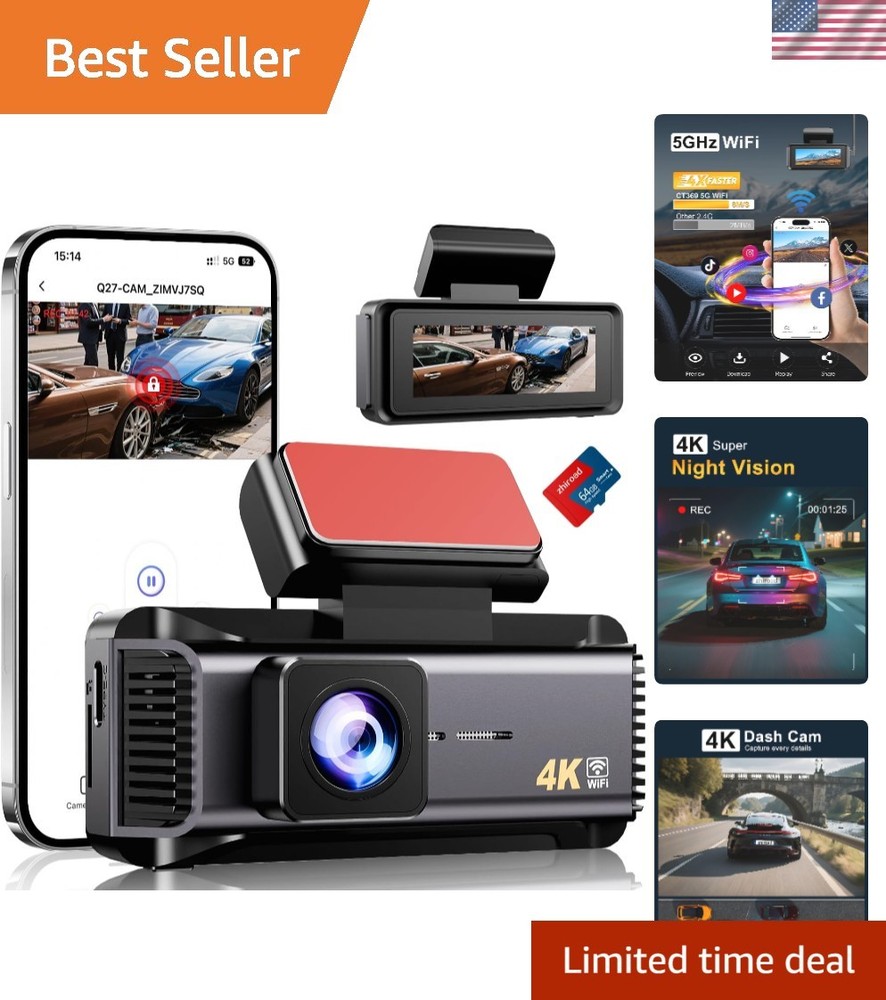 WiFi Enabled 4K Dash Cam with Loop Recording & G-Sensor - Includes 64GB Card