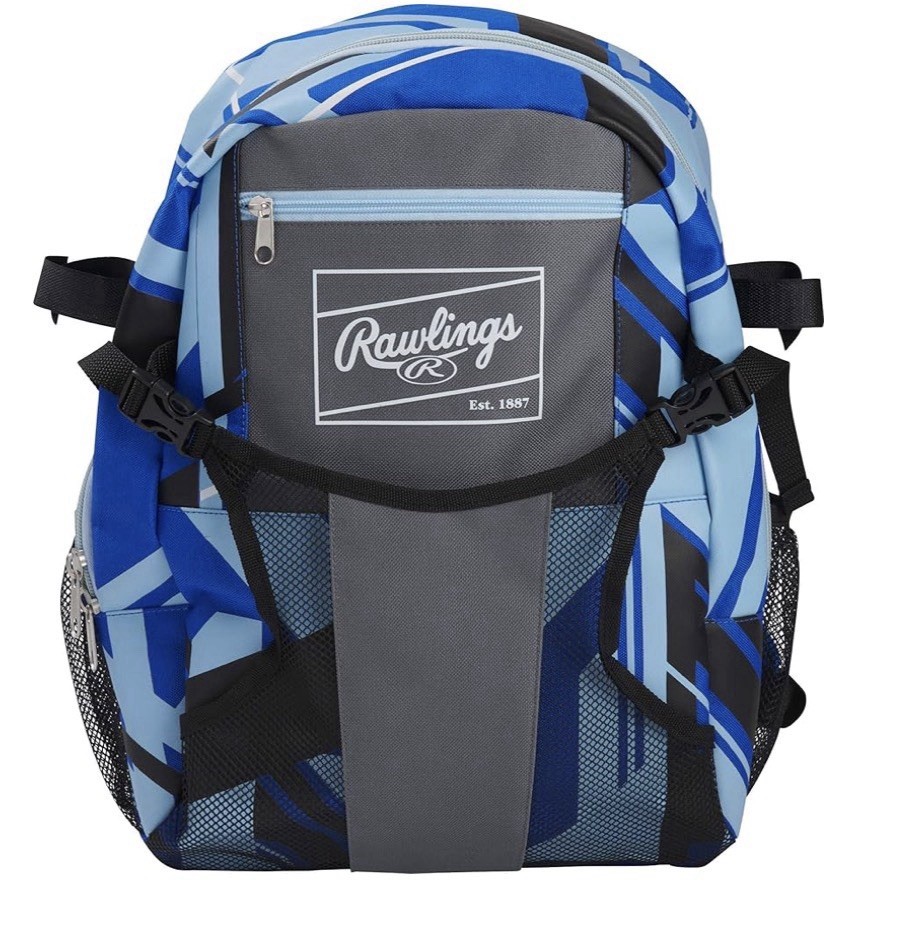 Rawlings Baseball Backpack Blue Gray Black Polyester Zip Adjustable Strap