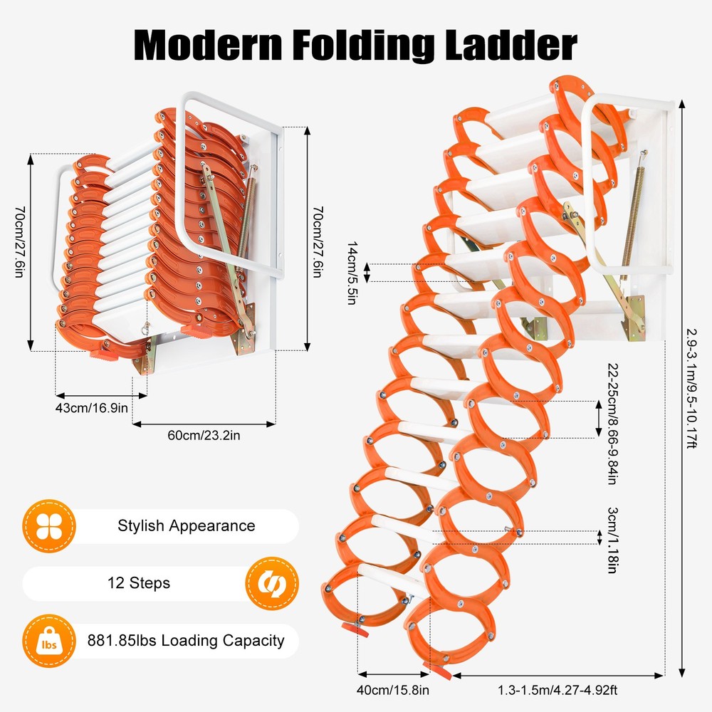 Wall-mounted Attic Folding Staircase Loft Stair Pulldown Retractable Attic Stair