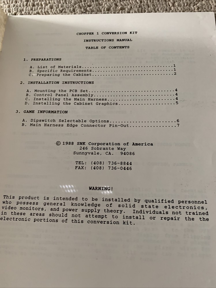 Original Chopper 1 Snk Arcade Video game Manual