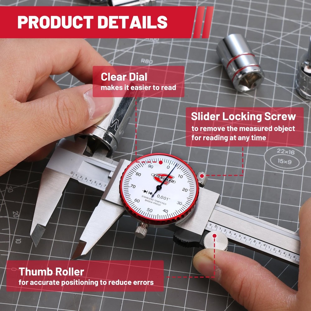 0-6" Range SAE Dial Caliper Measuring Tool, Analog Precision Micrometer Calip...