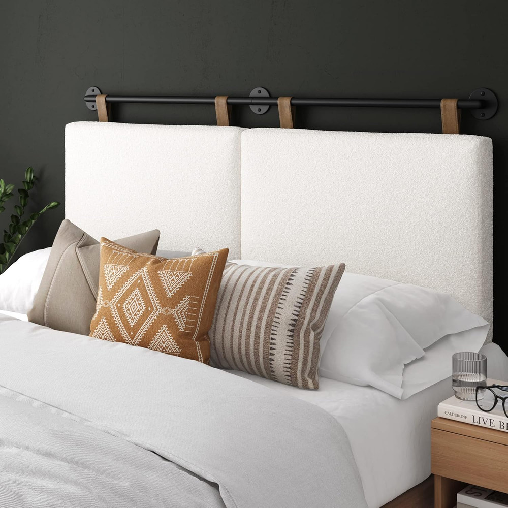 Charlie Wall Mount Hanging Upholstered Headboard, Queen, White Boucle with Brown